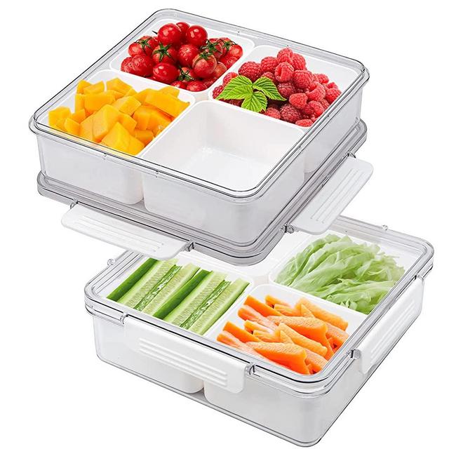 Veggie Tray with Lid Sealed Fruit Tray Divided Serving Appetizer Relish Platter Stackable Vegetable Storage with 4 Compartment Snack Containers for Food Small Refrigerator Organizer Bins Produce Saver