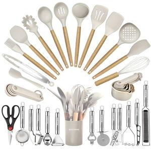 Kitchen Utensils Set- 35 PCs Cooking Utensils with Grater,Tongs, Spoon Spatula &Turner Made of Heat Resistant Food Grade Silicone and Wooden Handles Kitchen Gadgets Tools Set for Nonstick Cookware
