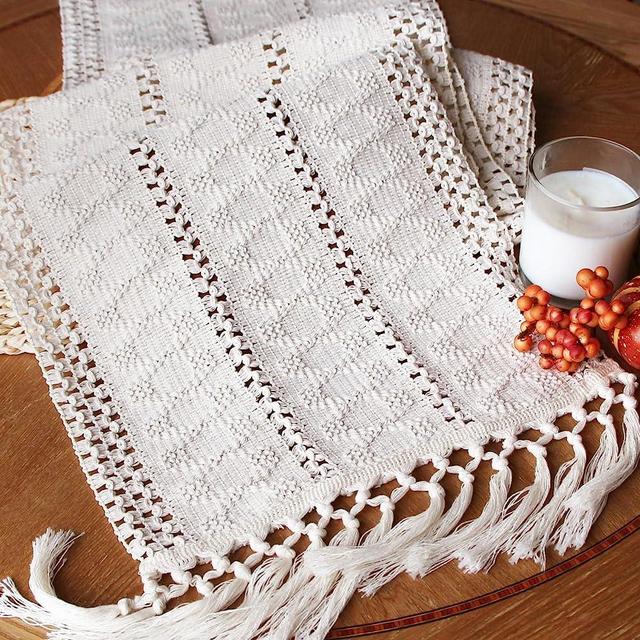FEXIA Macrame Table Runner 108 Inches Long Boho Table Runner Farmhouse Decor Cream Table Runner with Tassels for Bohemian Dining Bedroom Decor Rustic Wedding Bridal Shower (12x108 Inches)