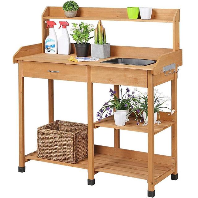 Yaheetech Potting Bench Outdoor Garden Work Bench Station Planting Solid Wood Construction w/Sink Drawer Rack Shelves Natural
