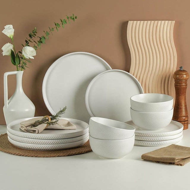 Metflavor Earthsong Dinnerware Sets for 4, 12-Piece Ceramic Plates and Bowls Set, Dishwasher and Microwave Safe Stoneware Dishes Set, Ribbed, Snowcrest White