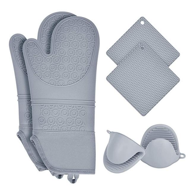 KOHSEN Silicone Oven Mitts and Pot Holders Set, Heat Resistant Up to 450℉-Extra Long 15 Inch Professional Silicone Oven Mitts for Grilling Cooking Baking,6 PCS with 2 Trivet Mat-Grey