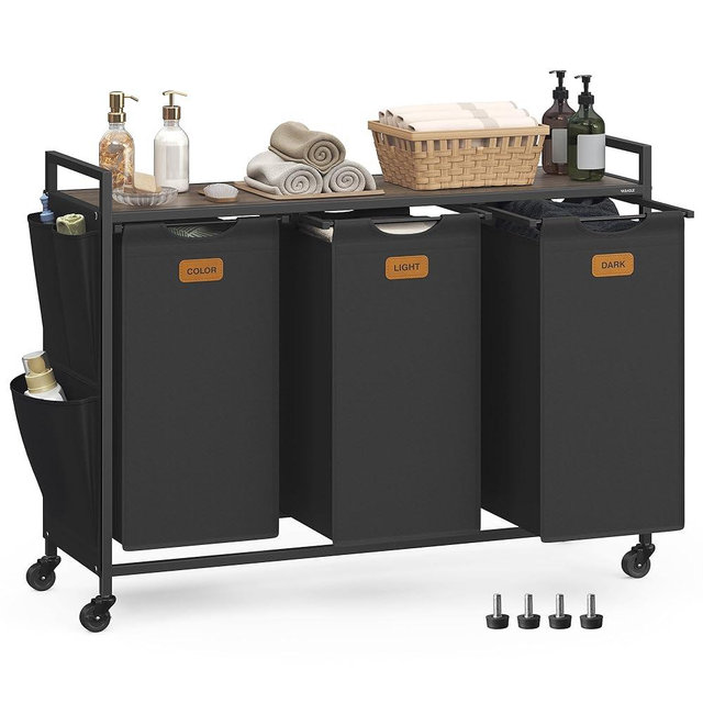 VASAGLE Laundry Hamper, Laundry Sorter Rolling Cart with Shelves, Small Side Pockets, 6 Labels, 3 Compartments, 39.6 Gal. (150 L), Ink Black and Ash Brown UBLH223BH01