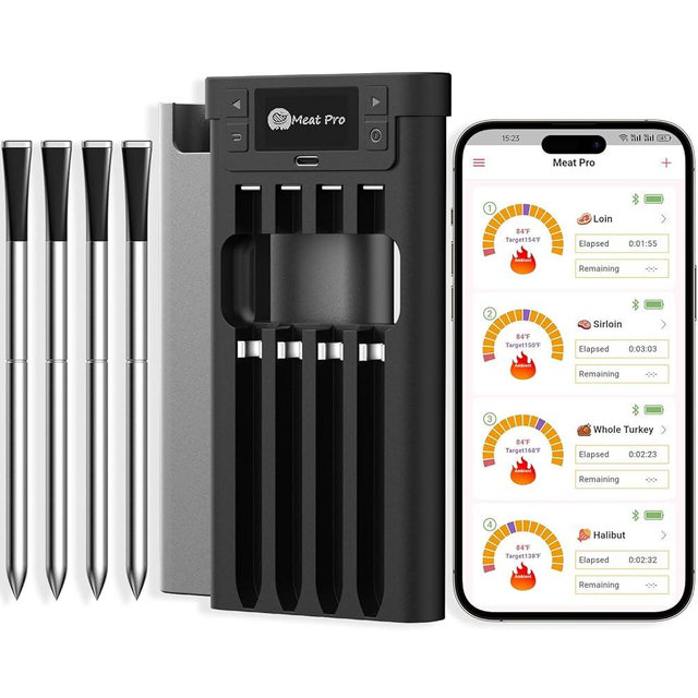 Yonktoo Meat Thermometer Digital Wireless, Long-Range BBQ Thermometer with 4 Probes, Dual Sensors for Perfect Grilling & Smoking - Black
