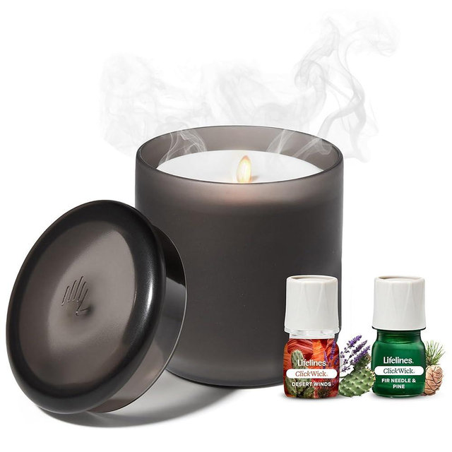 Lifelines Flameless Candle Aromatherapy Essential Oil Diffuser with 2 ClickWick Essential Oil Blends - Cordless & Waterless Diffuser for Home - Scented Electric Candles Blow Out Flame – Charcoal