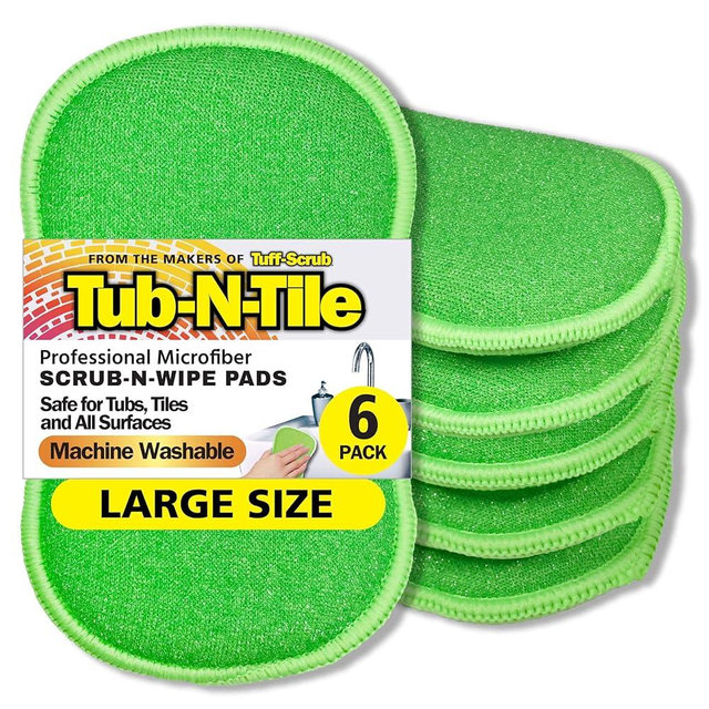 Tub-N-Tile by Tuff-Scrub, Large, 6-Pack, Microfiber, Scrub-N-Wipe Pad, Multi-Surface, Non-Scratch, Dual-Sided, Scrubber for Tubs, Tiles, Sinks – Machine Washable, Durable Kitchen Sponge