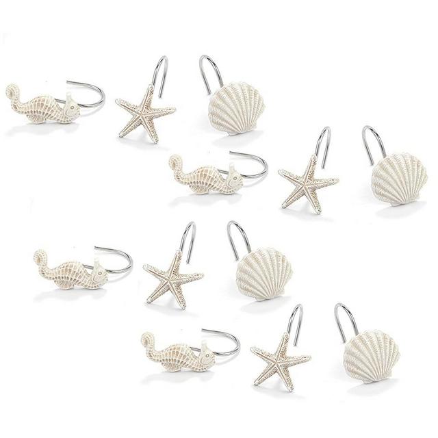 Juvale Shower Curtain Hooks - 12-Piece Decorative Rust Proof Bathroom Curtain Rings Hangers with Ocean Themed Seahorse, Seashell, Starfish Designs, White