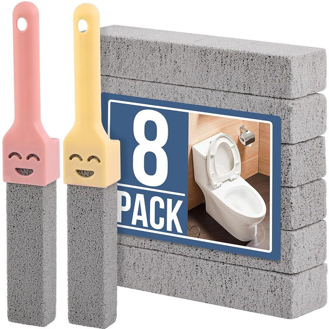 Navona 8 Pack Pumice Stone Scouring Sticks with 2 Universal Handles, Grey Pumice Stone Cleaner for Cleaning Toilets, Bathrooms, Kitchens, Spas and Pools