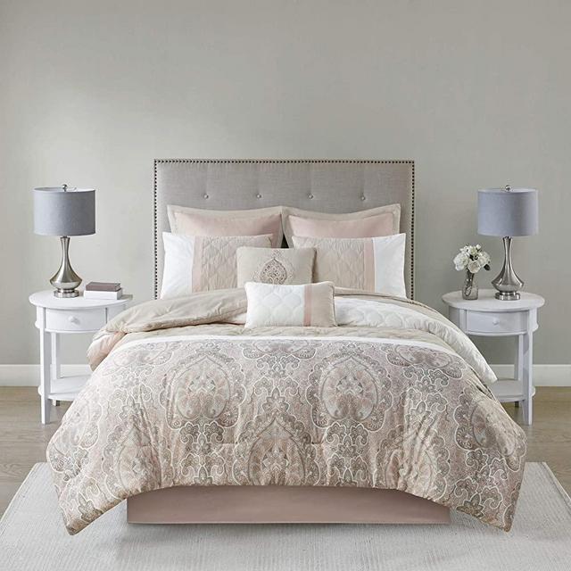 510 Design Shawnee 8 Comforter Piecing Quatrefoil Quilted Design, Damask Print, Embroidered Toss Pillow Modern Classic All Season Bedding Set, Matching Sham, Bedskirt, King(104"x92"), Blush