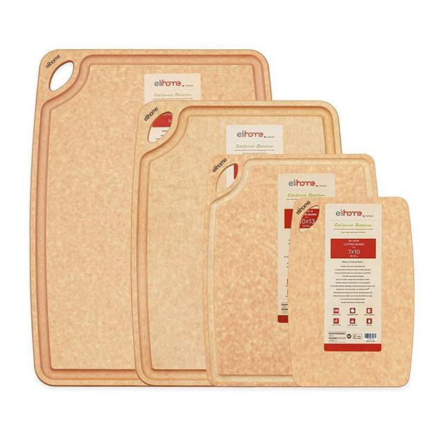 Elihome 4-piece Kitchen Cutting Board Set, Natural Wood Fiber Composite,Dishwasher Safe, Eco-Friendly, Non-Slip, Juice Grooves with Easy Grip Handles, Non-Porous, BPA FREE, Made in USA
