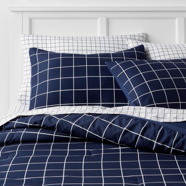 7pc Queen Grid Printed Microfiber Comforter & Sheets Set Navy - Room Essentials™