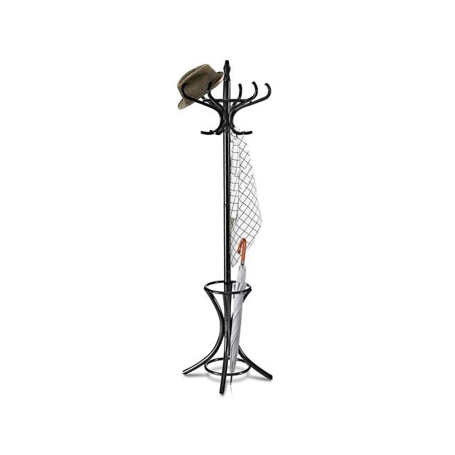 Tangkula Wood Standing Hat Coat Rack Jacket Bag Hanger Tree 12 Hooks Black w/ Umbrella Stand