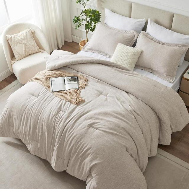 CozyLux Full Size Comforter Set - 3 Pieces Beige Soft Luxury Cationic Dyeing Bedding Comforter for All Season, Breathable Lightweight Fluffy Boho Bed Sets with 1 Comforter and 2 Pillow Shams