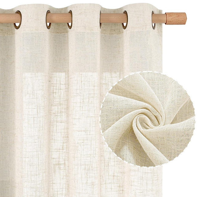 LAMIT Natural Ivory Semi Sheer Linen Curtains for Living Room, 84 inch Long Cream Light Filtering Soft Thick Neutral Drapes with Bronze Grommet for Bedroom/Farmhouse, 2 Panels, 52 x 84 Inch