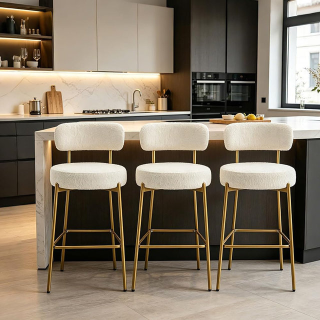 AurnaGle White Bar Stools Set of 3, Modern Boucle Counter Height Bar Stools, 28" Counter Stools with Backs, Upholstered Barstools with Gold Legs for Kitchen Island, Bar, Cafe