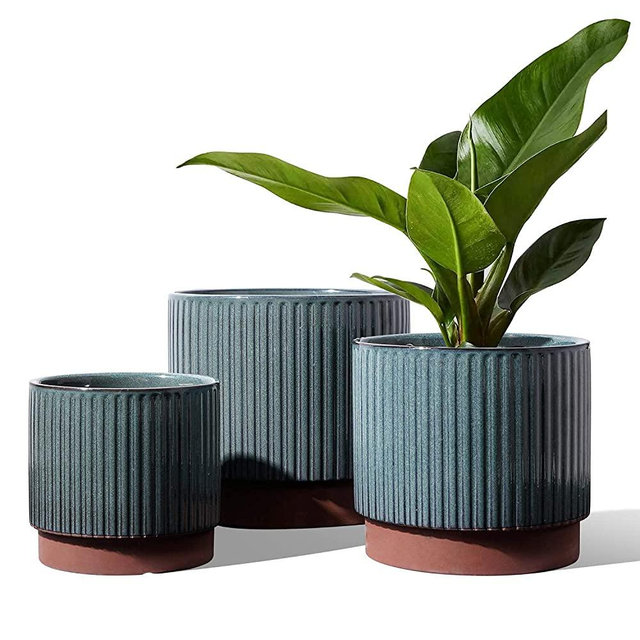 LE TAUCI 5.5+6.5+8 Inch Planter Pots with Drainage Hole, Ceramic Stripe Planters Outdoor Bonsai Container for Plants Flower, Set of 3, Reactive Glaze Green