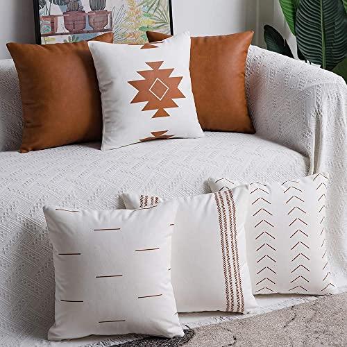 DEZENE Decorative Throw Pillow Covers: Set of 6 Modern Boho Square Cotton and Faux Leather Pillow Cases for Home Decor Living Room Farmhouse Sofa Couch, 18 x 18 Inch, White/Brown