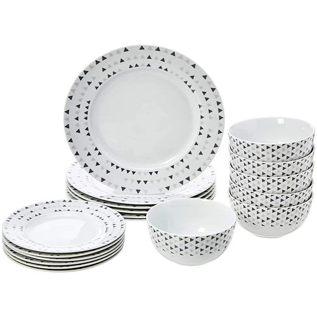 AmazonBasics 18-Piece Kitchen Dinnerware Set, Plates, Dishes, Bowls, Service for 6, Triangle Accent
