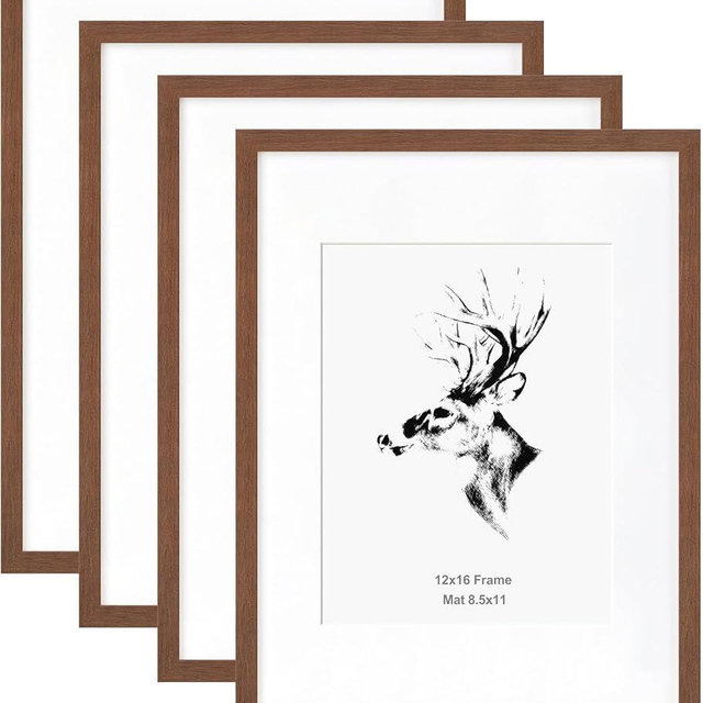 Yaetm 12x16 Picture Frame with Mat for 8.5x11 Set of 4, Walnut Brown, Solid Wood Photo Frames 12 x 16 for Photos, Posters & Art Prints, Lightweight, Wall Mounting (4 pack, Walnut)