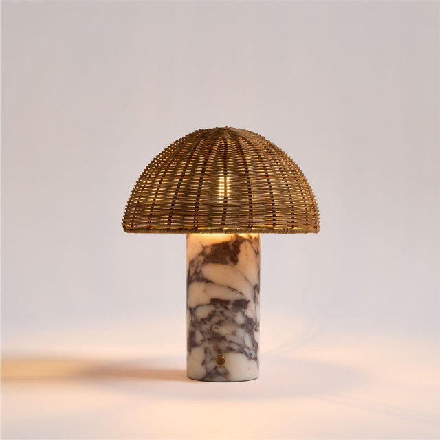 Seine Calacatta White Marble Mini Table Lamp with Rattan Shade 13", Set of 2