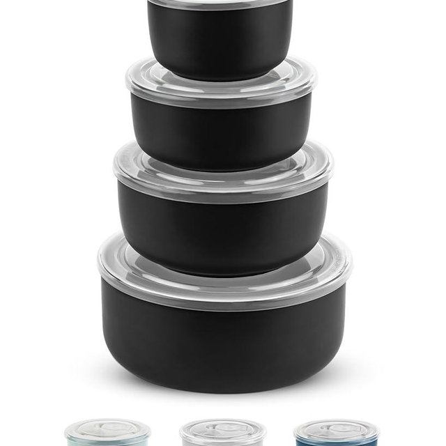 KooK Ceramic Nesting Bowls with Lids, Food Storage Containers, Kitchen Bowl Set, For Prep, Mixing and Serving, Microwave and Dishwasher Safe, Set of 4, 50/28/16/9 oz, Black