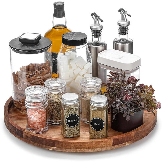 Nitial 16'' Acacia Wood Lazy Susan Organizer Wooden Rotating Turntable Organizer Kitchen Organizer Turntable for Dining Table Countertop Kitchen Cabinet Pantry Storage