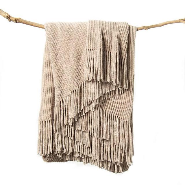 LIFEIN Knitted Beige Throw Blanket for Couch - Soft Summer Farmhouse Chenille Boho Throws, Cozy Knit Small Lightweight Blankets&Throws with Tassels for Home Decor,Bed,Chair,Sofa (Beige/Tan,50*60 in)