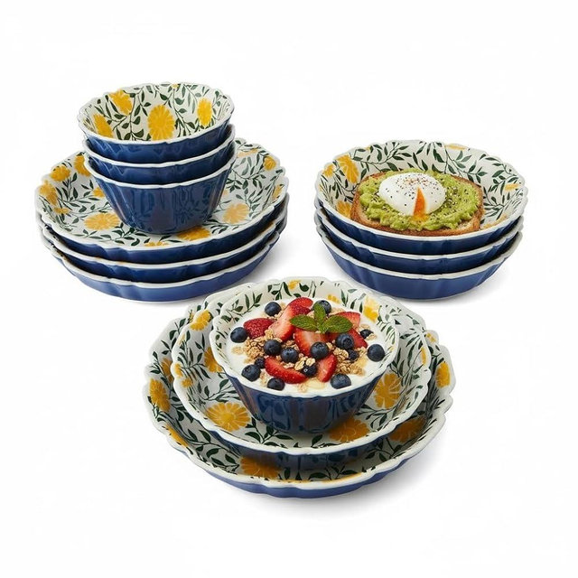 LYMSTE 12-Piece Stoneware Dinnerware Set, White with Yellow Floral & Blue Wave Rim, Dishwasher & Microwave Safe, Durable 4-Person Plates and Bowls Sets for Daily & Entertaining