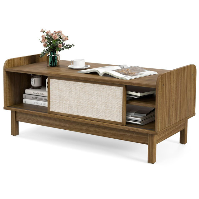 Costway Coffee Table Mid Century Modern Coffee Table with Storage Weaving Rattan Sliding Doors Adjustable Shelf