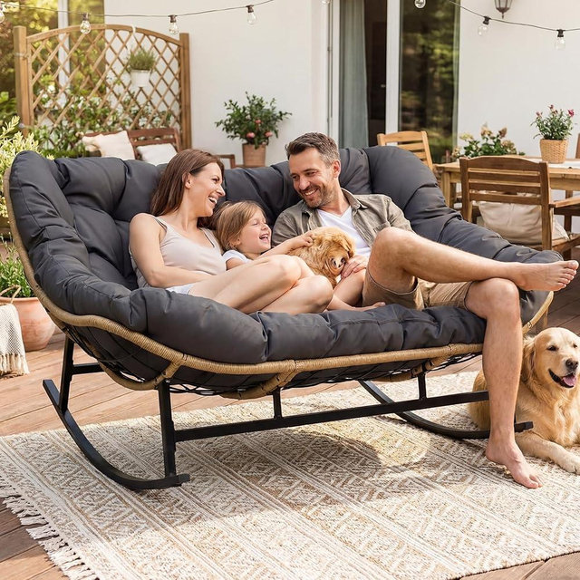 RADIATA Oversized Double Papasan Rocking Chair, 700 Lbs Extra Large Recliner Glider with Cozy Cushion, 2 Person Egg Lounger Chairs, PE Wicker Big Loveseat for Indoor Outdoor Porch Patio, Dark Grey