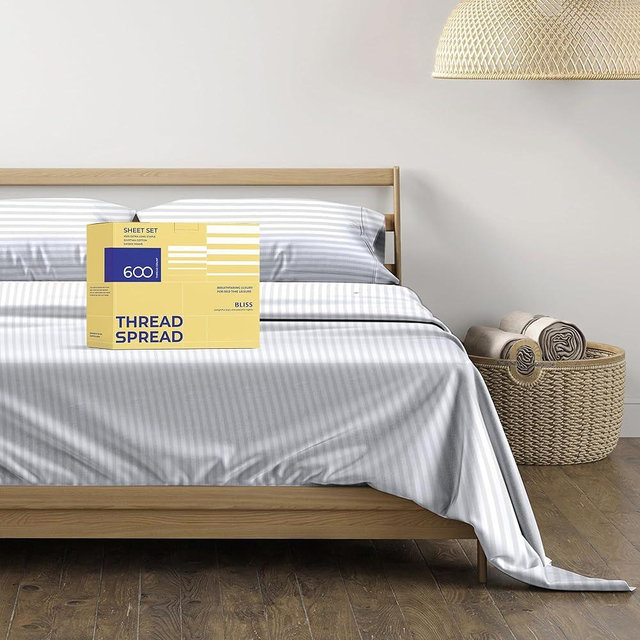 THREAD SPREAD Luxury Egyptian Cotton Queen Stripe Sheet Set, 600 Thread Count Extra Long Staple 4 PC Set, Queen White Damask Sheets, Soft, Cooling Sateen Weave Striped Sheets Upto 18" Deep Pocket