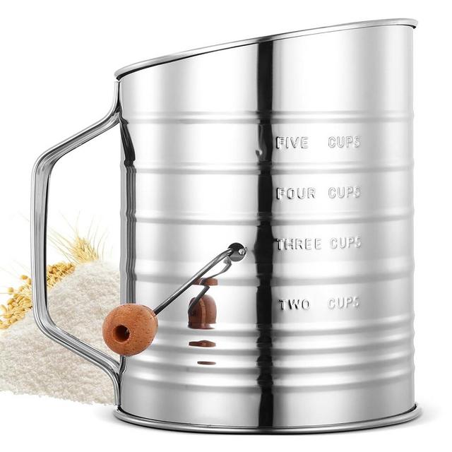 Flour Sifter for Baking, 304 Stainless Steel 5 Cup Flour Sieve Fine Mesh Screen Powder Sifters with Loop Agitator for Quick Sifting, Hand Crank Sifter for Cooking Baking Kitchen Sugar Utensil DIY