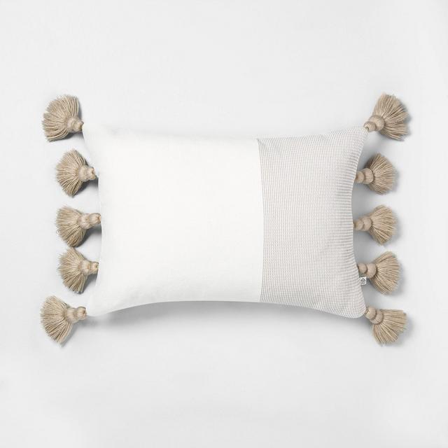 14x20 Textured Colorblock Lumbar Pillow Taupe / Sour Cream - Hearth & Hand™ with Magnolia