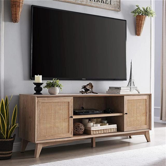 OKD TV Stand for 75+ Inch TV, Mid Century Modern Entertainment Center with Natural Rattan Door, Storage Shelves, Large Boho Media TV Console, Long Television Stand for Living Room, Oak