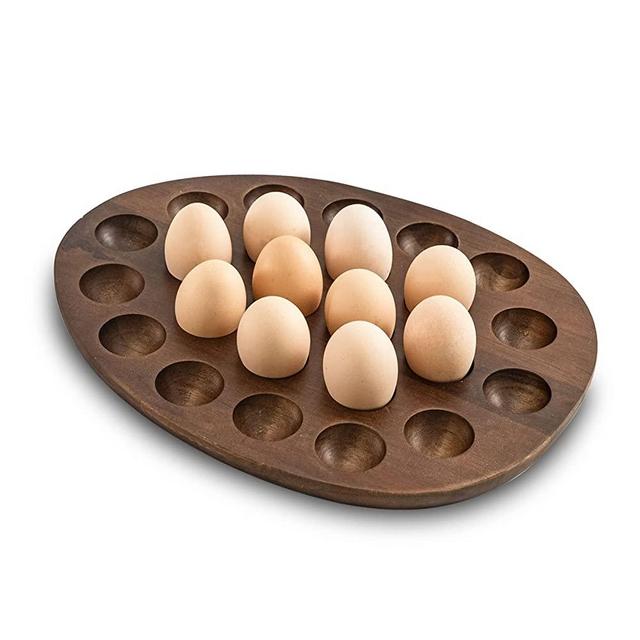 Acacia Wood Egg Tray Oval, Wooden Egg holder Tray Holds 24 Fresh Egg, Deviled Egg Tray Egg Storage for Fresh Egg, Egg holder countertop,Tabletop Display,Deviled Egg Holder,Refrigerator Storage