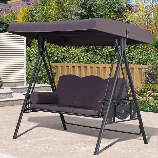PURPLE LEAF Outdoor Patio Porch Swing with Stand, 3-seat Swing Chair with Adjustable Tilt Canopy All-Weather Steel Frame for Backyard Front Porch Lawn, Cushions and Pillow Included, Grey