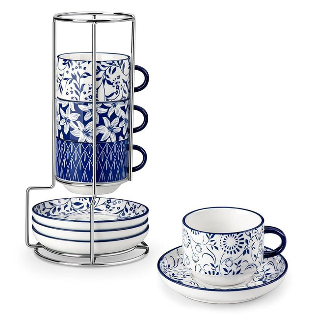 vancasso 8OZ Stackable Cappuccino Cups, Porcelain Espresso Cups with Saucers and Metal Stand Set of 4, Classic Printed Tea Cup Set for Coffee Drinks, Latte, Series SELENE (Vintage Blue, 8 Ounce)