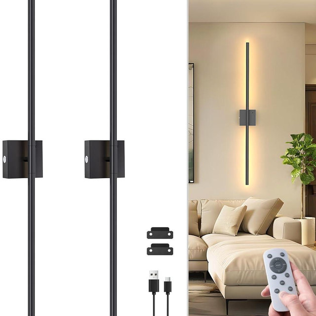 NIORSUN 35 Inch Battery Operated Wall Sconce Set of 2, 360° Rotation Black Rechargeable Wall Lights with Detachable Tube and Remote, 3CCT Dimmable Wireless Wall Lamp for Living Room Bedroom Hallway