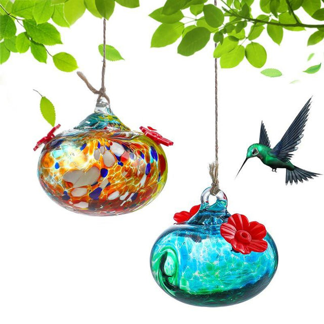Pack 2 Blown Glass Hummingbird Feeders for Outdoors Small Glass Humming Bird Feeder for Window Hanging Ant and Bee Proof Humming Birds Feeders Decor for Garden Outside
