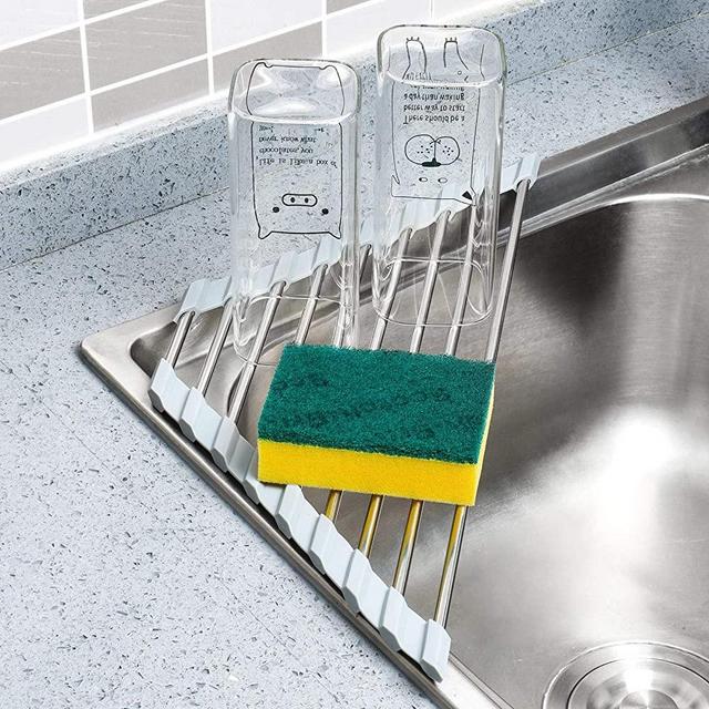 Tomorotec Triangle Roll-Up Dish Drying Rack for Sink Corner Small Foldable Stainless Steel Over The Sink Multipurpose Kitchen Drainer Caddy Organizer Storage Space Saver Shelf Holder (Gray)