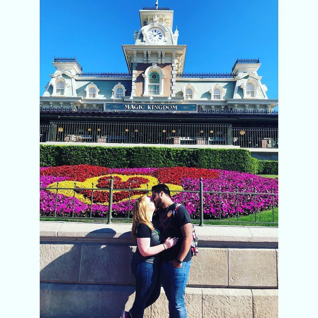 Our first trip to Disney World together - outside Magic Kingdom 2018