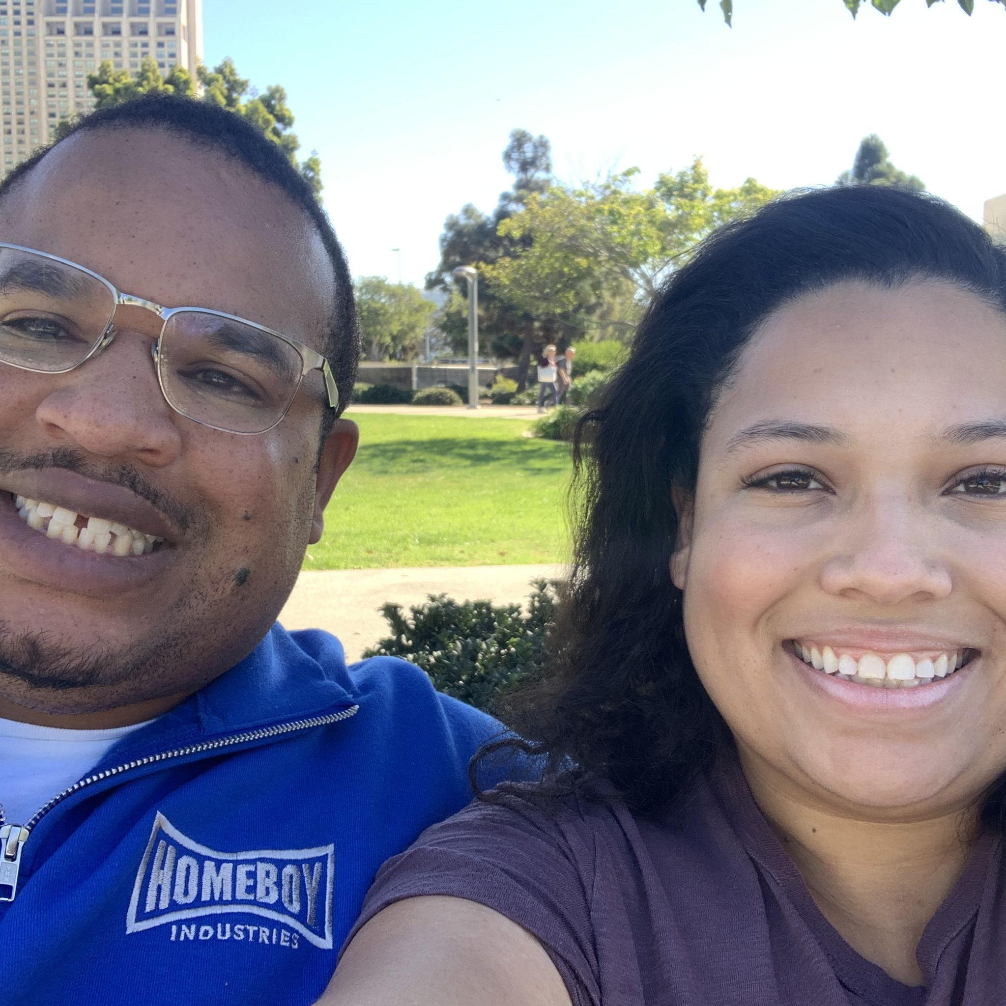 Sitting in a park in San Diego after our Amtrak ride