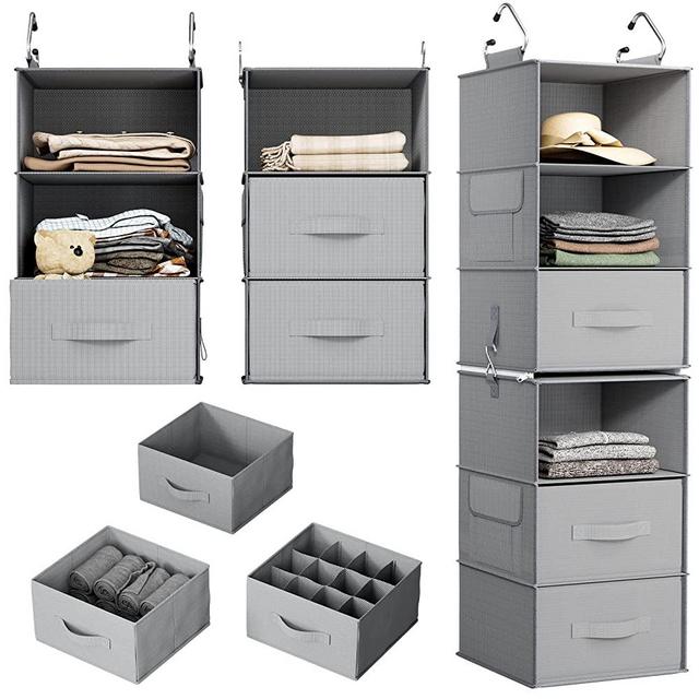 Pipishell 6-Shelf Hanging Closet Organizer, Closet Hanging Shelves with 2 Separable 3-Tier Shelves, Closet Storage Organizer with 3 Removable Drawers for Bedroom, Dorm Room, Camper and Nursery