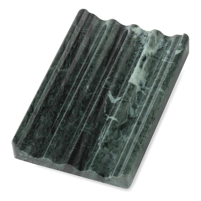Koville Indian Natural Marble Soap Dish for Shower, Stone Soap Tray for Bathroom, Bar Soap Holder for Sink, Stripe Grooves Saver Sponge Holder Keep Soap Bars Dry Easy Clean (Verde Alpi)
