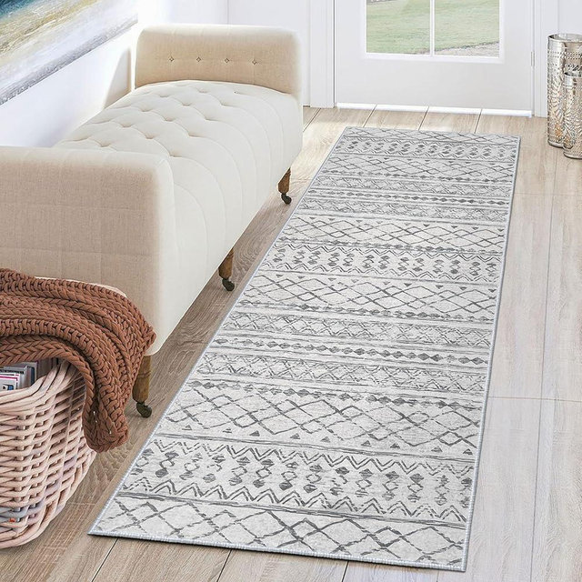 KUTA Moroccan Washable Runner Rug, 2x6 Non-Slip Vintage Grey Boho Hallway Runner Kitchen Runner Rug Ultra Soft Print Distressed Geometric Floor Carpet Runner for Bedroom Bathroom Laundry Living Room