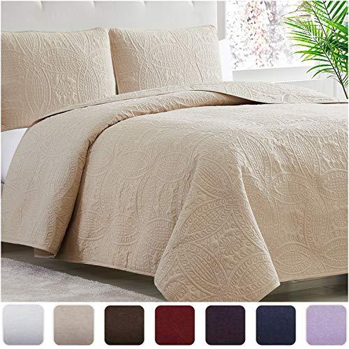 Mellanni Bedspread Coverlet Set Beige - Comforter Bedding Cover - Oversized 3-Piece Quilt Set (Full/Queen, Beige)