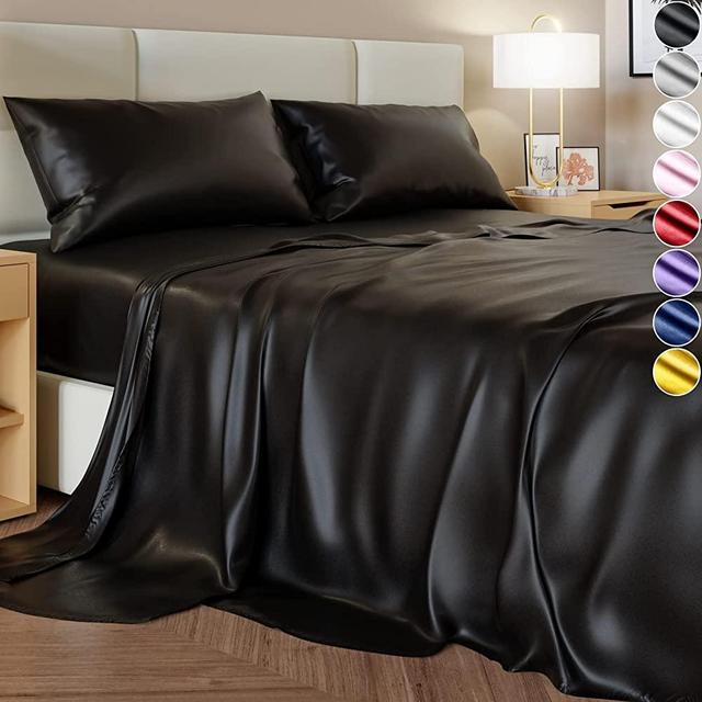 Satin Sheets Full Size Bed (4 Pieces, 8 Colors), Silky Satin Sheet Set -Satin Bed Set with 2 Pillowcase, Satin Fitted Sheet - Black Satin Sheets, Satin Bed Sheets Full, Satin Bedding Set