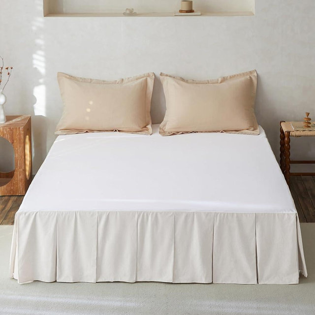 BISELINA French Linen Pleated Bed Skirt, 14" Tailored Draped Natural Linen-Cotton Blend Basic Dust Border Soft Comfort Farmhouse Bedding (14" King, White)