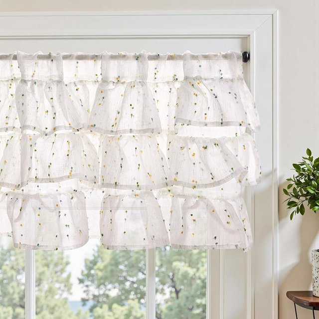 jinchan Ruffled Valance for Windows 18 Inch Mini Pom-Pom Voile Valance Curtains Pom-Pom Semi Sheer Shabbychic Samll Window Treatment for Kitchen Bedroom Living Room Rod Pocket 1 Panel Green