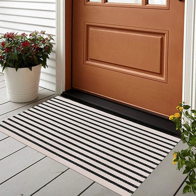 Black and White Striped Rug Doormat 24"x35" LEEVAN Layered Door Mats Outdoor Washable Farmhouse Front Porch Christmas Rug Cotton Hand Woven Throw Carpet for Entryway/Front Steps/Bathroom/Home Entrance